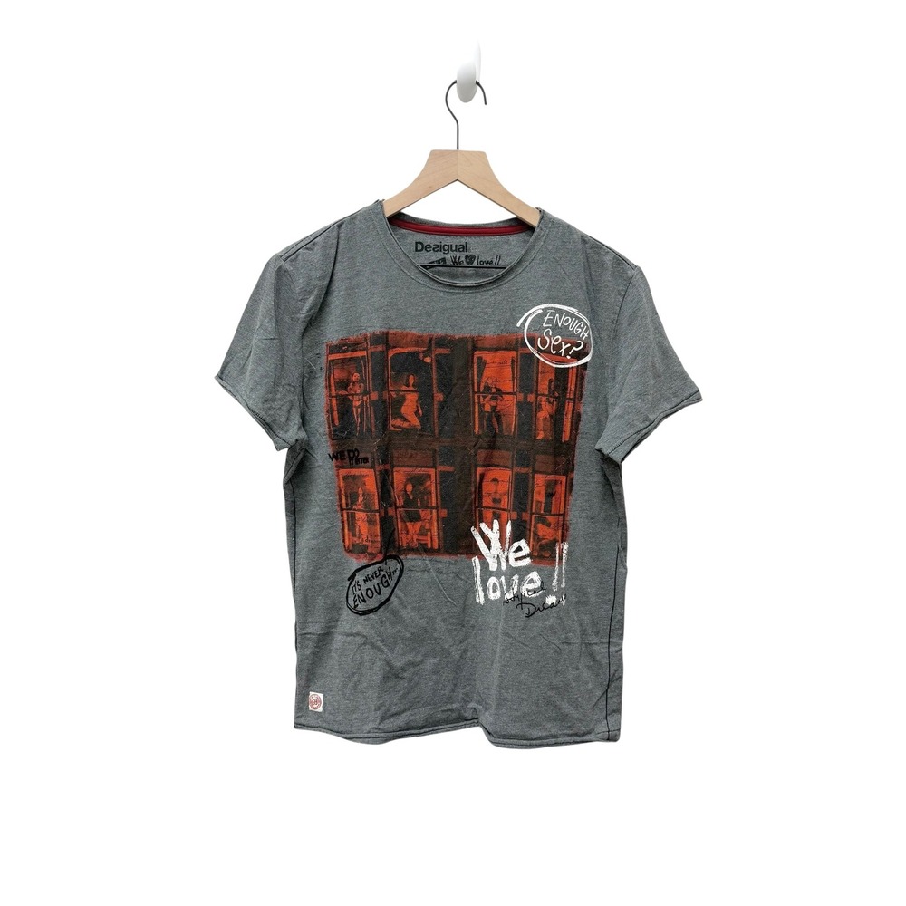 Desigual We Love Graphic Print T Shirt Gray Enough Sex Red Light District Size L